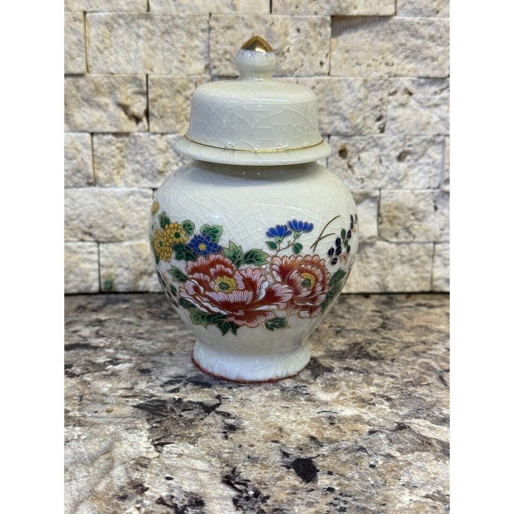 Vintage Asian Ginger Jar-Ivory Red Pink Blue Yellow W/ Gold Trim Crackle Nice